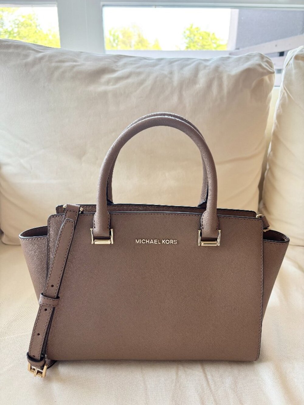 Michael Kors Satchel Handbag with Handle & Crossbody Strap in Taupe color